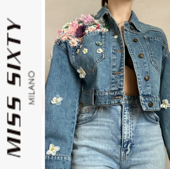 Miss Sixty Denim Cropped Floral Appliqué Jacket - Picture 9 of 9